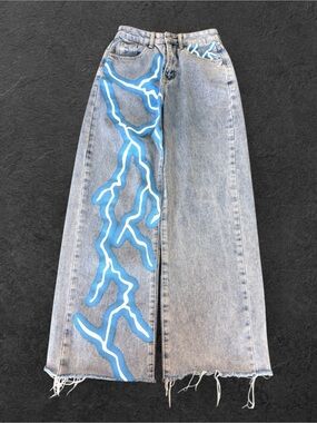 SHEIN Light Wash Lightning Bolt Wide Leg Jeans XS Frayed Hem Y2K